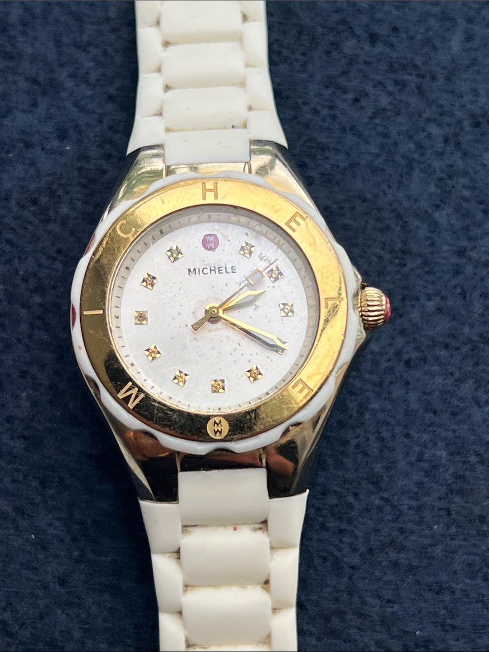 Michele White Ceramic Watch with Gold Bezel and Crystal Markers (Does not Work)